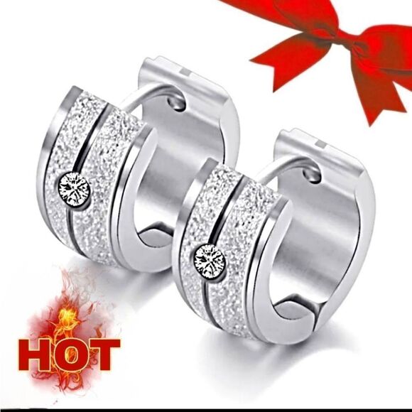 Frosted Stainless Steel Diamond Studded Hoop/ Huggie Earrings - Picture 1 of 2